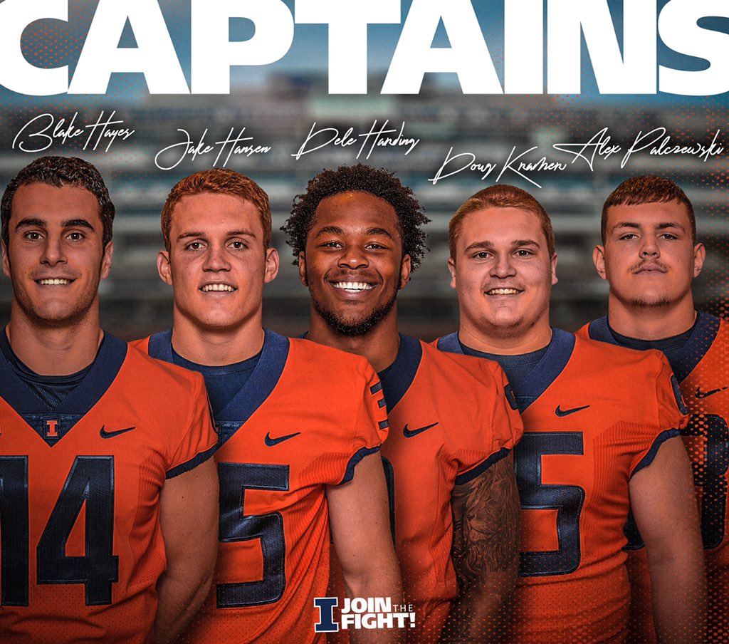 IlliniFootball's tweet photo. Your 2019 #Illini season captains, selected by vote of the team. 

@HayesBla1
@Juggs35 
@dele_harding 
@illini_doug65 
@PalczewskiAlex https://t.co/QWiVzAYKEZ