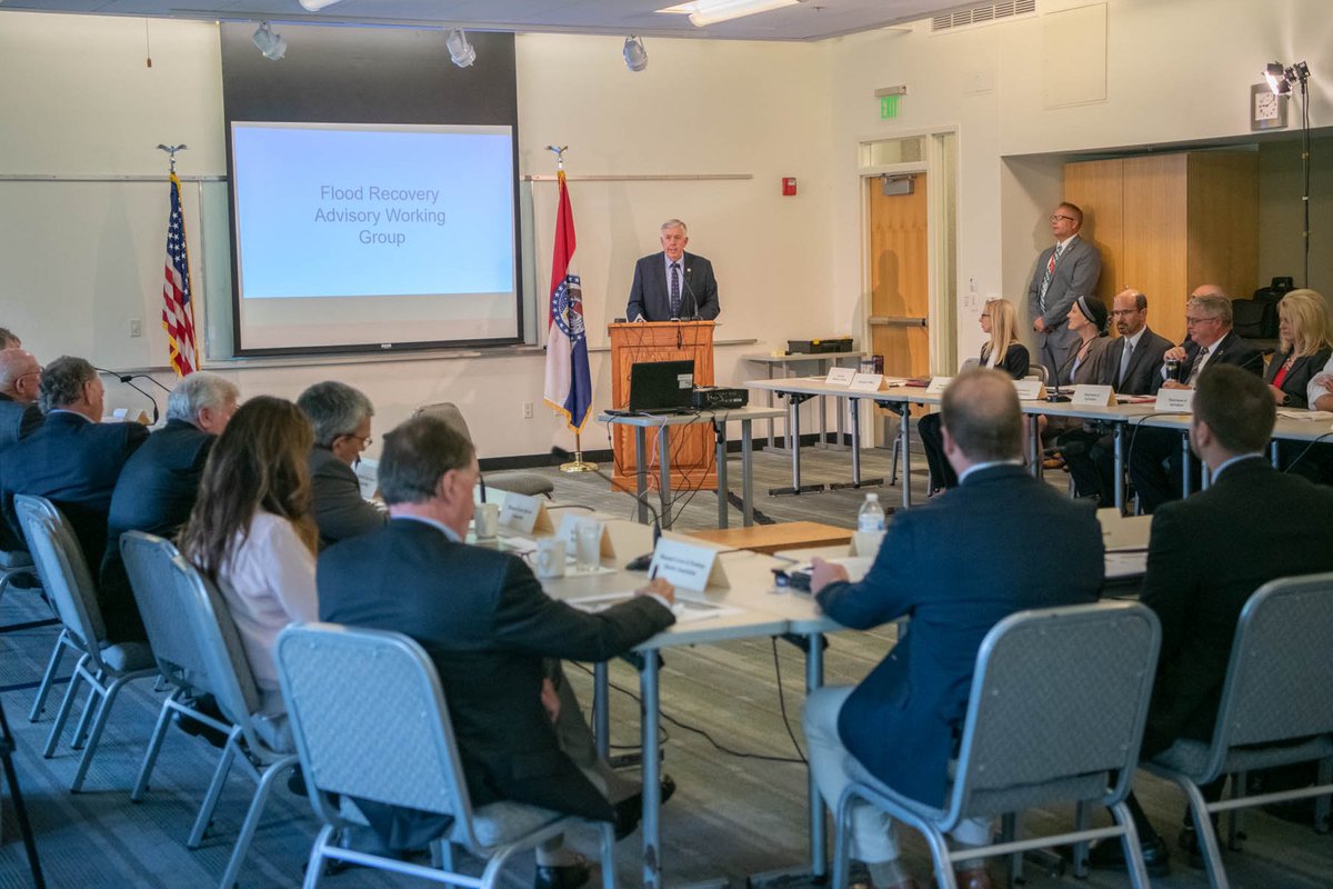 MoDNR's tweet photo. .@GovParsonMO speaking to a full house at the initial Flood Recovery Advisory Working Group meeting, “We are doing something we’ve never done before. If we all work together, we can find solutions. We can do better!” #MoFlood #MoRecovery  https://t.co/6c9e2QJTQf https://t.co/urrTUMxf6f