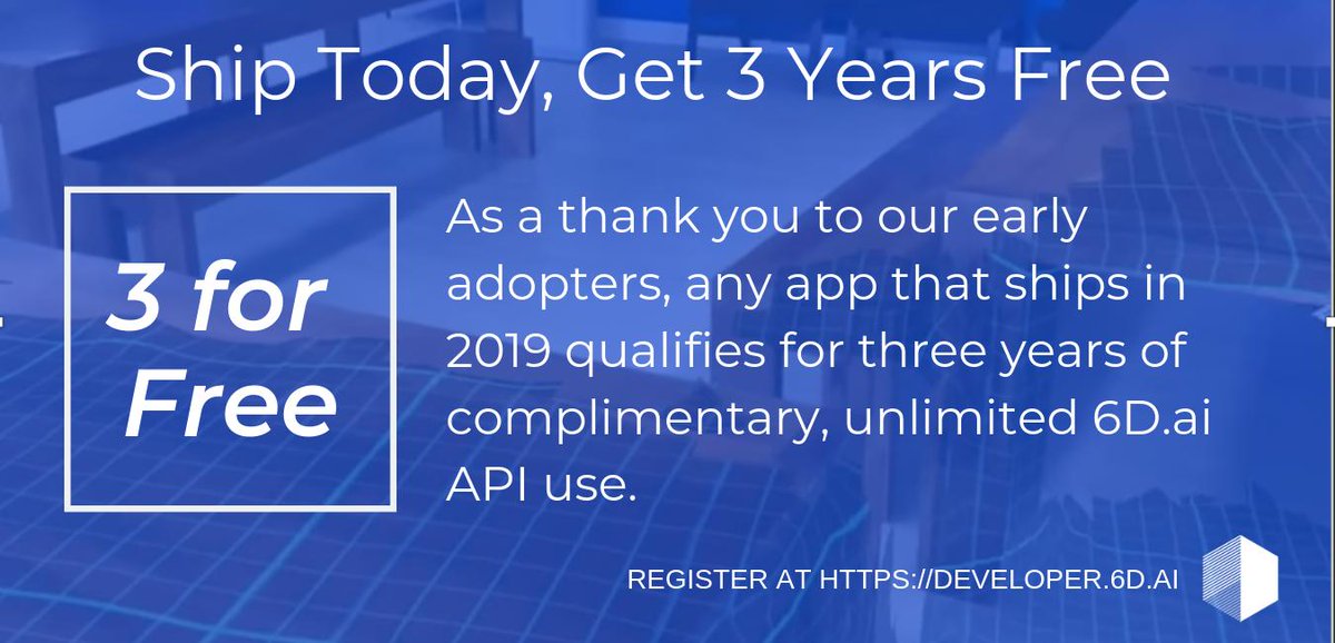 6d_ai's tweet image. With the roll out of our pricing model set to start in 2020, we wanted to say thank you to early adopters for the support and creativity, any app that ships in 2019, get three years of 6D for free. #threeforfree