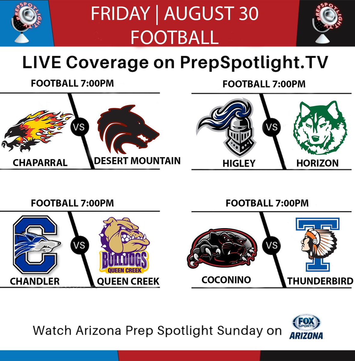 The Opening Week of the football season went great! What do we have in store for the encore?

A reigning state champ, a future Ohio State quarterback, and so much more!

All games will be LIVE on Friday at PrepSpotlight.TV/AIA! Tune in for play-by-play coverage in HD for Free!