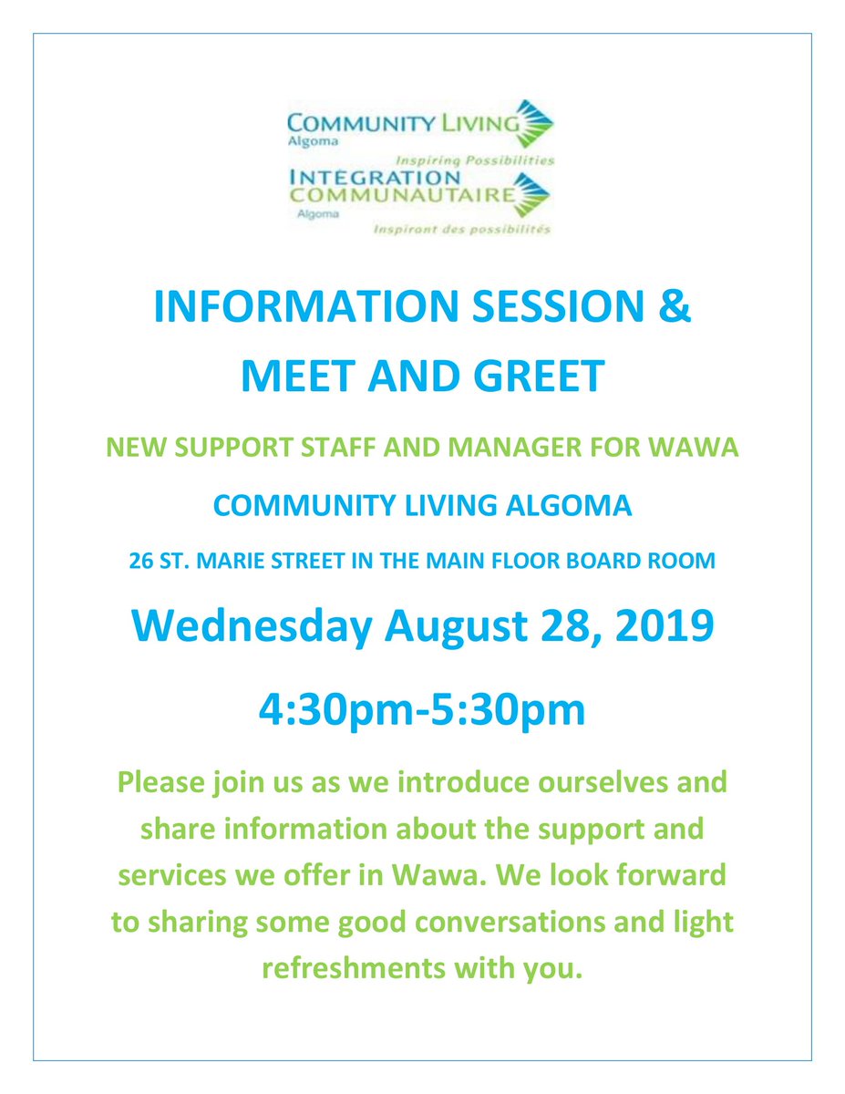 clalgoma's tweet photo. Join us for an Info Session in Wawa to introduce new Support Staff and Manager for Wawa, Ontario - North Algoma #Wawa #Communityliving #inclusion #information #intheknow #allpeoplebelong https://t.co/QrQEP6C1QA