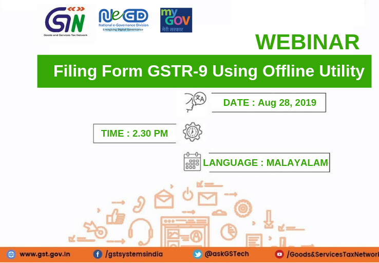 Infosys_GSTN's tweet photo. Webinar on Filing Form #GSTR9 using Offline Utility in #Malayalam will be held on August 28, 2019 at 2:30 PM.
To Register Please Click: https://t.co/dn0E9KIHj1
Filing Form GSTR-9 Offline #Taxpayers
#GST #webinars #GSTN #GSTR #demo #AnnualReturn #offlinetool #Malayalam https://t.co/sY5AKiDCgE