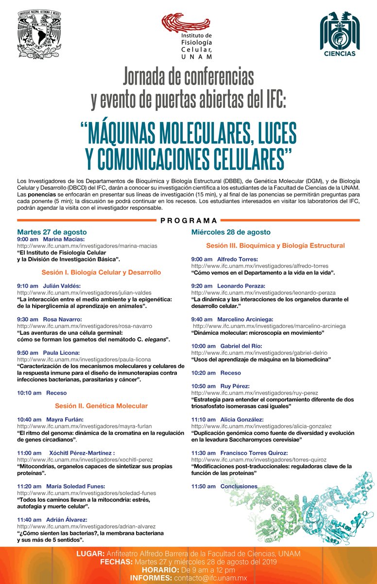 proteinlunch's tweet photo. MAÑANA continúa evento de divulgación "Máquinas moleculares" en el Anfiteatro Alfredo Barrera en el Edificio Amoxcalli Facultad de Ciencias UNAM!! No te lo pierdas es de 9 a 12 @proteinlunch @IFC_UNAM @fciencias @quimica_unam @IFC_SFunes !! https://t.co/8fXcx77T4x