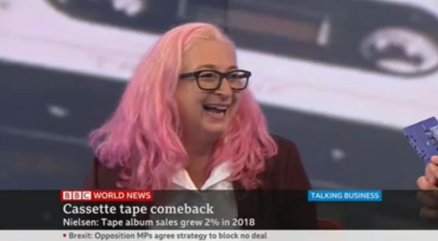 KeyProduction's tweet photo. .@Karen_Emanuel1 was interviewed earlier this afternoon by @BBCAaron on @BBCWorld about the Cassette Tape Comeback! @CuriousPR #Cassettes #Retro #CassetteResurgence #KarenEmanuel #BBCTalkingBusiness #KeyProduction #Vinyl https://t.co/lJNWdsicyr