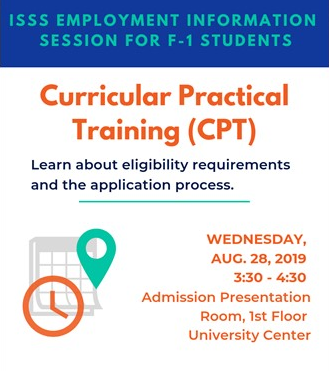 UMiamiISSS's tweet photo. Reminder! ISSS is holding a Curricular Practical Training Information Session tomorrow, August 28, 2019 from 3:30-4:30 in the Admission Presentation Room (1st Floor University Center).

Please follow the link to RSVP: https://t.co/rhMR6l84j2 https://t.co/tEM2LEjafe