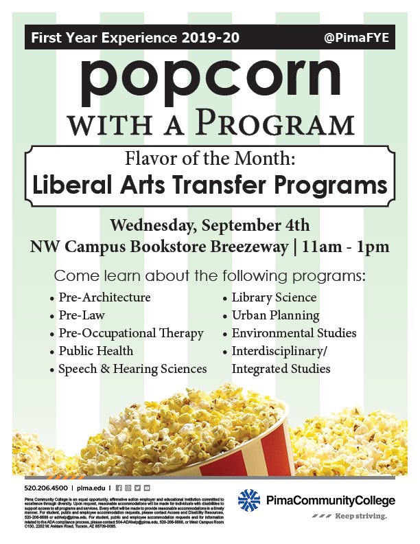 PimaFYE's tweet photo. Like #FREE #Popcorn? Wanna learn more about Pima's #LiberalArts &amp; #Transfer degrees? Join us at #PopcornwithaProgram next Wed, Sept 4 at Northwest Campus 11am-1pm. Counts toward #FYEPassportProgram #FYEWorkshop #Belonging https://t.co/zzuKLlOiOI