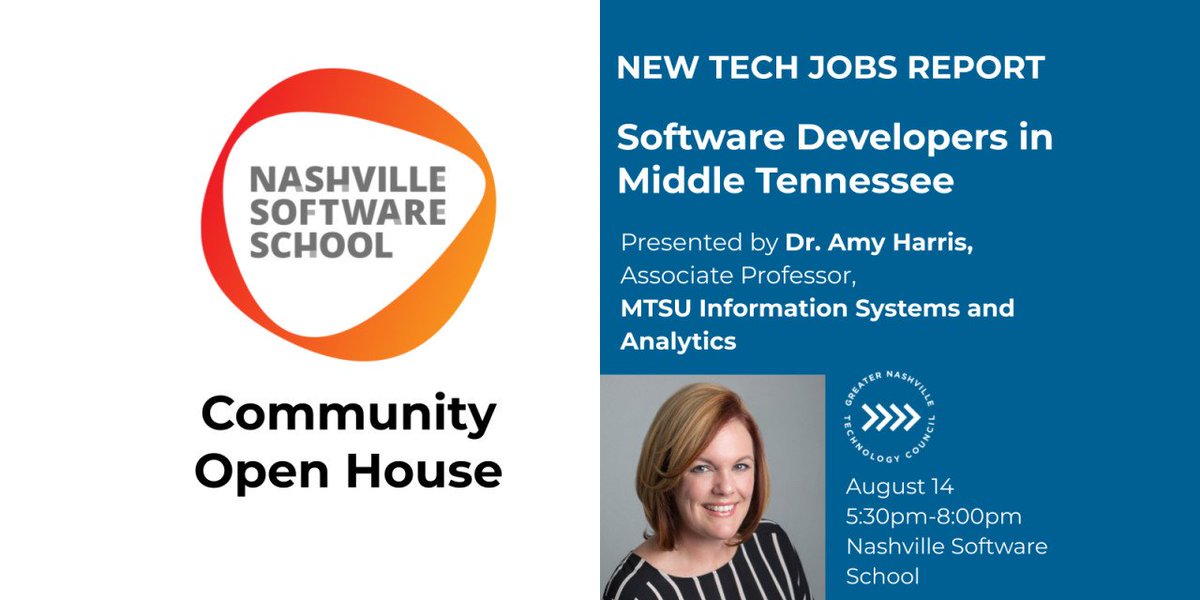 nashtechcouncil's tweet image. THIS THURS, @MTSU_ISA's @Amy_H_Harris presents her latest report on the market for #softwaredevs in Middle TN at @NashSoftware's Open House.

Panel discussion with @VacoNashville, @nashsoftware, @TheGeneralAuto, @MintechAgency, &amp;amp; @kellerschroeder:

RSVP: bit.ly/2M4ewHw