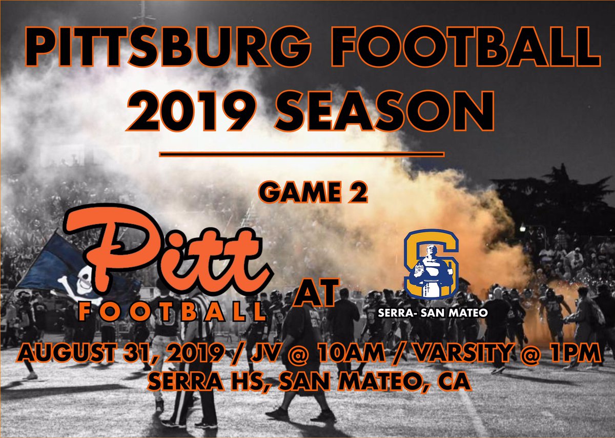 PittHSFootball's tweet photo. The 1-0 Pirates stay on the road this week & travel to San Mateo on Saturday to take on Bay Area power Serra High School. Letโs cross the bay Pirate Faithful & turn Tom Brady Stadium orange & black! #2019PittFootball #hoistthecolors #95yearsofwinning #PITT ๐ดโโ ๏ธ๐๐งก๐ค๐๐ดโโ ๏ธ https://t.co/VrYegtMS5A