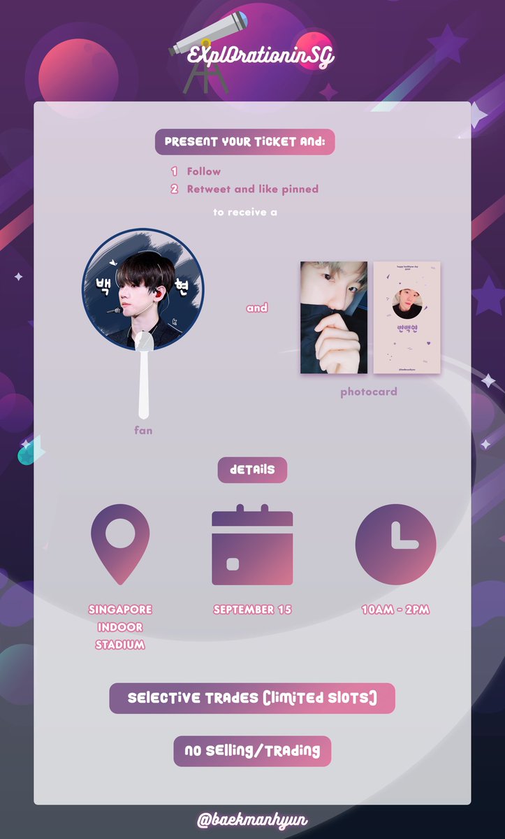 baekmanhyun's tweet photo. ★ 𝐞𝐱𝐩𝐥𝐨𝐫𝐚𝐭𝐢𝐨𝐧 𝐢𝐧 𝐬𝐠

→ I will distribute fans and photocards for exploration in sg
→ fanpacks will also be available at the link below
→ trades are welcomed
→ strictly no selling/trading

fanpack link: https://t.co/mlIb63ITuM

#EXOinSG
#EXplOrationinSingapore https://t.co/XdnYvm6NjV