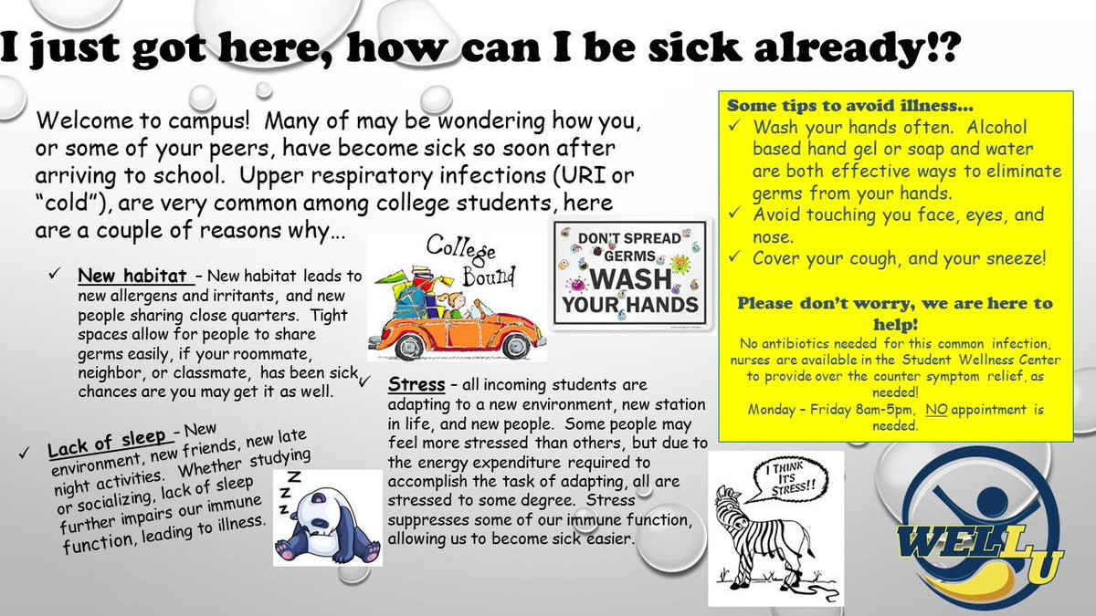 LUwellness's tweet photo. Fall semester has started, and the germs are spreading!  Here is some information that might help!  Check back tomorrow for more information!  #LUstudentwellness #fall2019 #wellu https://t.co/3Q6xaMXBQZ