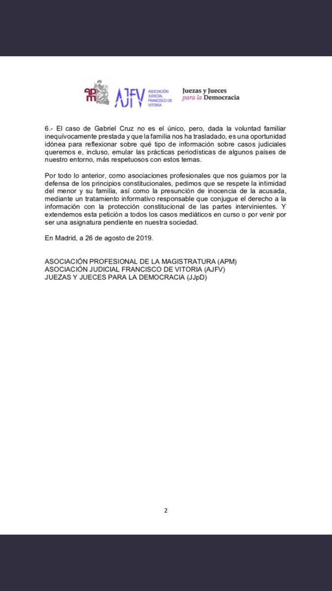 JpDemocracia's tweet photo. Comunicado de @juecesAPM @JuecesAJFV Y @JpDemocracia con motivo del próximo comienzo del juicio por el presunto asesinato de Gabriel Cruz. https://t.co/HdilITbygx