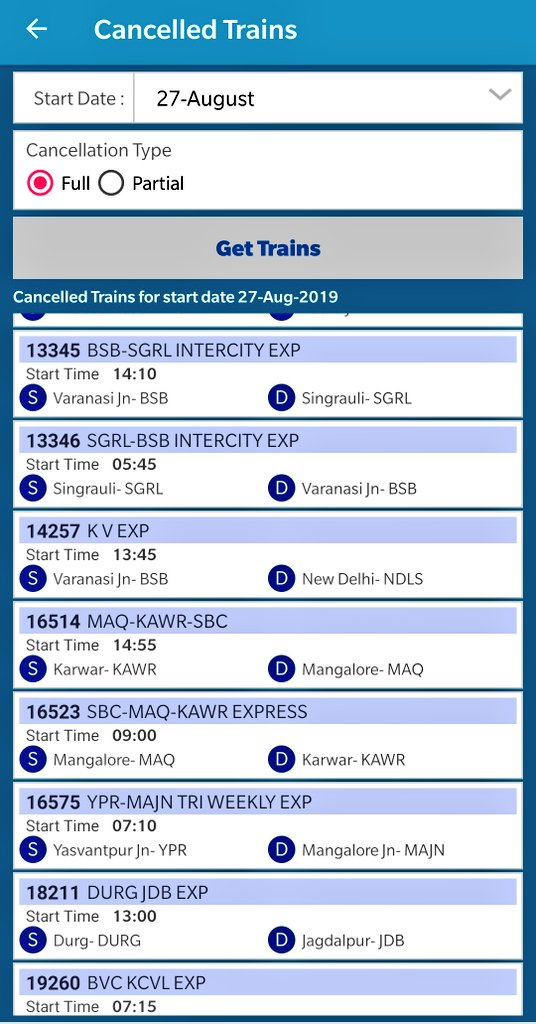 mithunydk's tweet photo. @RailwaySeva why NTES app showing wrong info. It shows train number 16514 under fully canceled train list. But actually it is partially canceled (27th Aug) https://t.co/zGSLKbQfnc