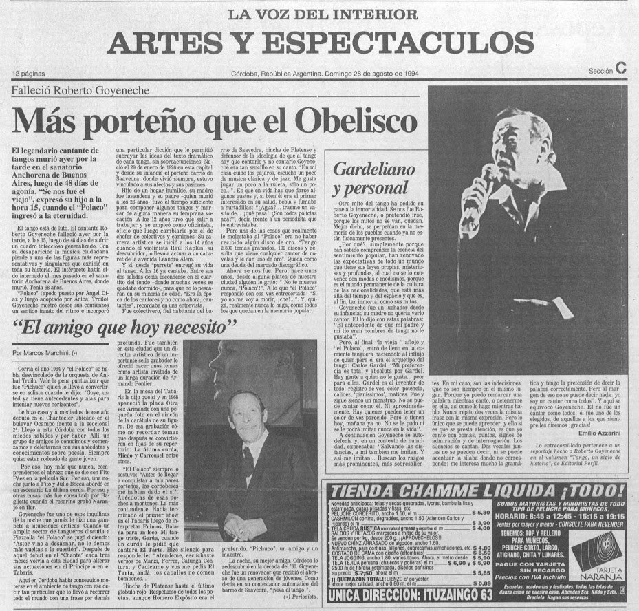 El mismo día, hace 25 años (27/8/1994), fallecieron dos grandes íconos del tango: el "Polaco" Goyeneche y Beba Bidart. Ambos han dejado varias anécdotas en el ambiente milonguero de Córdoba.
