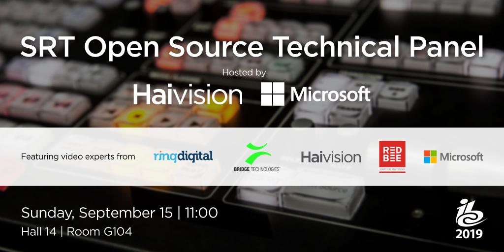 Haivision's tweet photo. If you're coming to @IBCShow in September, join us for the SRT Open Source Technical Panel, co-hosted by @Microsoft, moderated by @BrianLRing and featuring experts from @Haivision, @BridgeTechTV, @RedBeeMedia, & @RedeGlobo: https://t.co/VVMW0PM5Ew https://t.co/Pl0PUiPQhG