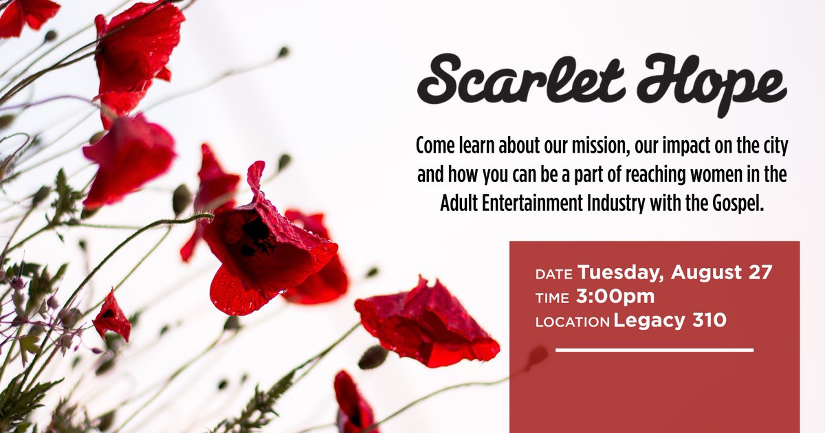 Don't forget we'll be hanging out at <a href="/SBTS/">Southern Seminary</a>/<a href="/BoyceCollege/">Boyce College</a> today in Legacy 310 at 3:00pm. Come learn more about Scarlet Hope and find out how to get involved!