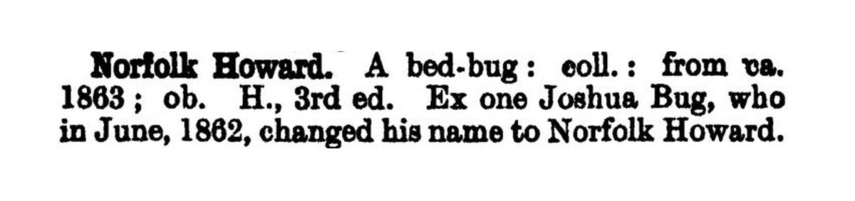 To stop himself being made the butt of jokes, in 1862 a man named Joshua Bug changed his name to Norfolk Howard. After his story was reported in the press, however, people began using NORFOLK HOWARD as a slang name for a bedbug instead. (Slang & Unconventional English, 1937)
