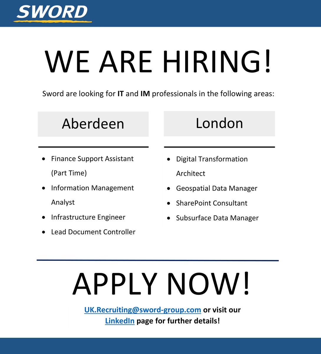 swordits's tweet photo. Are you #IT #IM professional looking for a new opportunity in #Aberdeen or #London? Check out our available roles below!

#newopportunity #itjobs #careersintech #jointheteam https://t.co/h4nkDuAUn9