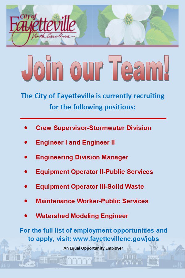 WE WANT YOU... to check out some of the Employment Opportunities with the City of Fayetteville, NC Government .
See  other listings or apply for a featured positions visit: ow.ly/crda3072CBv.