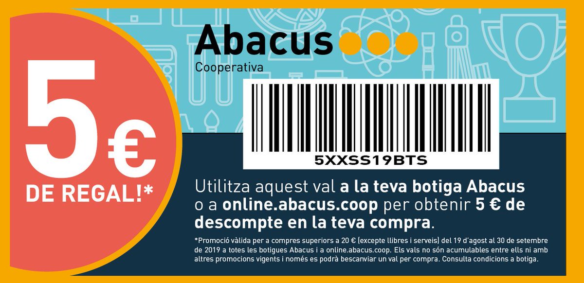 Abacus Botigues (@abacus_botigues) on Twitter photo Aquesta #tornadaalescola, estalvia amb <a href="/AbacusCoop/">Abacus cooperativa</a>! 🤩 Presenta aquest cupó a qualsevol de les nostres botigues o bé fes servir el codi 5XXSS19BTS a la teva compra a online.abacus.coop... i estalvia 5€ en una compra mínima de 20€! 🙌
#somelquefem Aquesta #tornadaalescola, estalvia amb <a href="/AbacusCoop/">Abacus cooperativa</a>! 🤩 Presenta aquest cupó a qualsevol de les nostres botigues o bé fes servir el codi 5XXSS19BTS a la teva compra a online.abacus.coop... i estalvia 5€ en una compra mínima de 20€! 🙌
#somelquefem