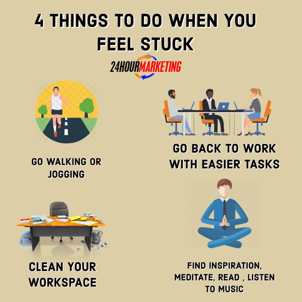 24HRMarketing's tweet photo. As entrepreneurs we tend to hit roadblocks where our creativity is on its last leg and we need to refuel. If you’re feeling stuck or searching to find the creative energy you need to complete a task or project check out the following ways that can get you back on track. #24HRM https://t.co/Dz8U7qJYWm