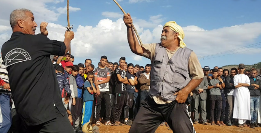 9) Les duels de ‘canne' (  'مبارزة بالعصا') sont un art guerrier pratiqué dans la plupart des pays arabes et particulièrement dans certaines régions d’Oman  ainsi qu’en Égypte, Soudan  et Algérie . [: Chlef, Algérie] 