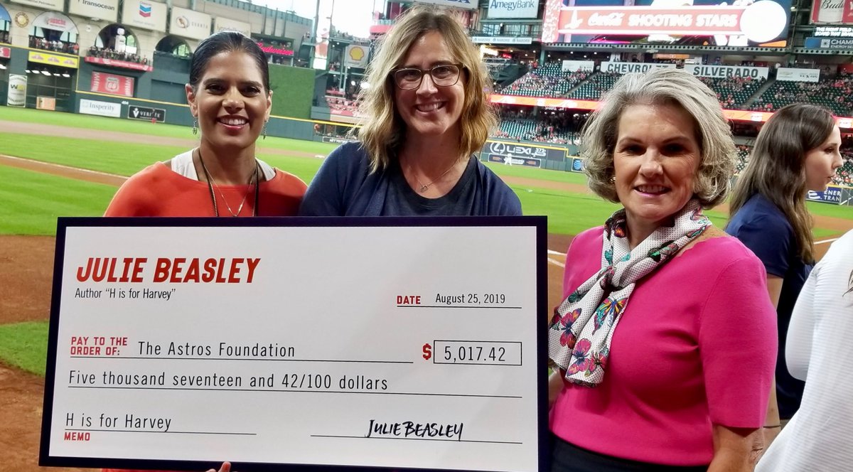 jlbeez's tweet photo. Honored to have presented The @astros Foundation royalties from #Hisforharvey for ongoing relief efforts on the 2nd anniversary of #HurricaneHarvey. Thank u #Astros @TwilaDCarter &amp; Anita Sehgal 4 EVERYTHING! Thanks to Melinda Esco &amp; team @TCUPress &amp; illustrator @eddienfriends. https://t.co/qVDgNH6PuM