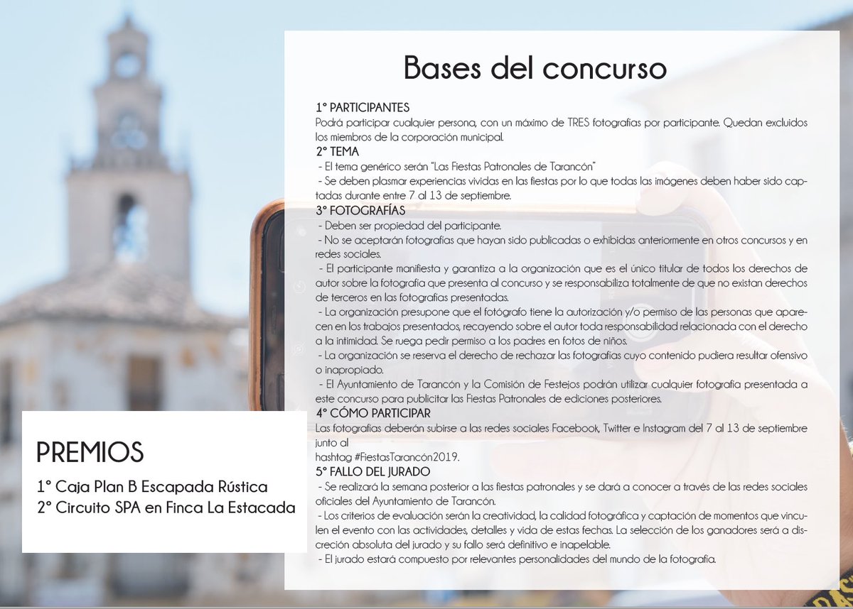 Sube tu foto del 7 al 13 de septiembre relacionada con las fiestas de #Tarancón y puedes ganar un SPA en <a href="/La_Estacada/">Finca La Estacada</a> o una estancia de fin de semana gracias a B Travel Brand. No olvides incluir el hashtag #FiestasTarancon2019