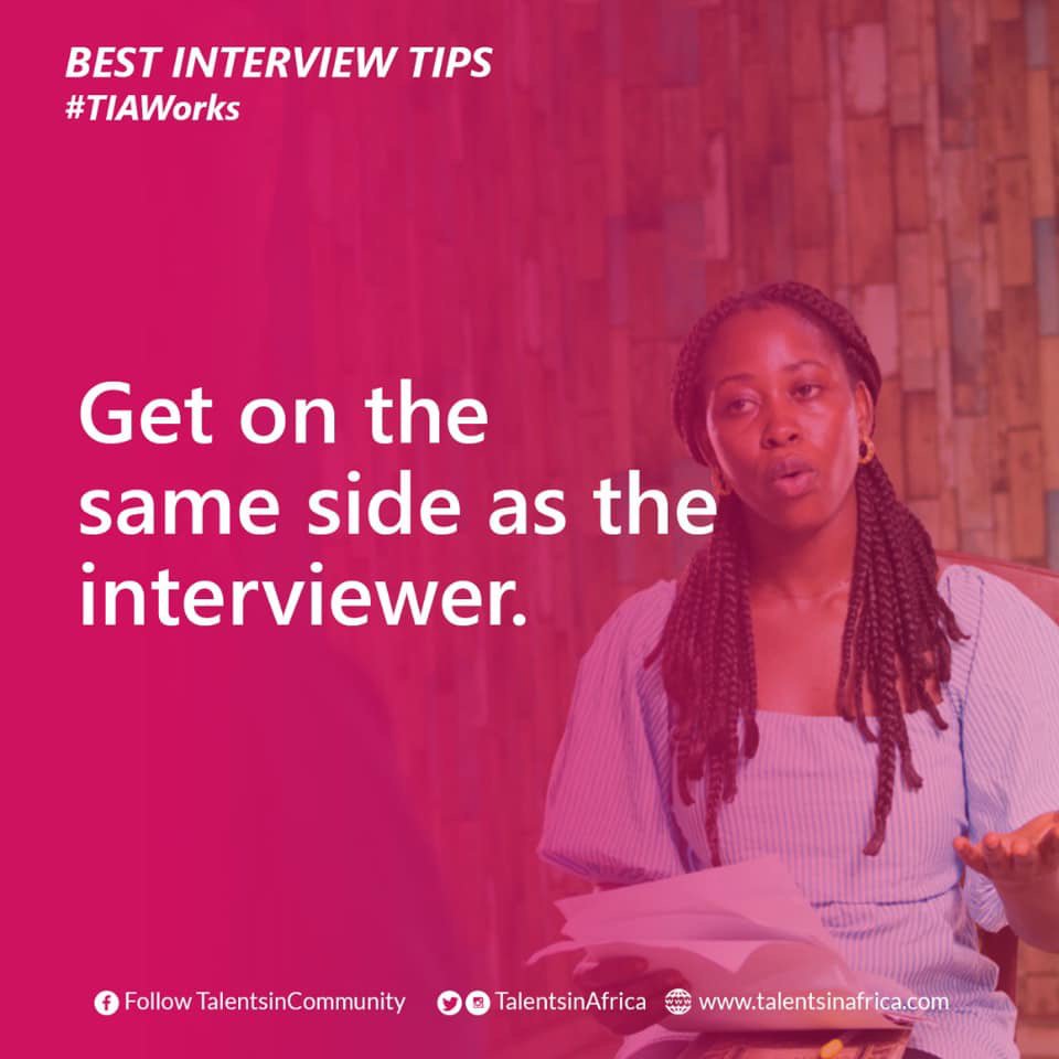 TalentsinAfrica's tweet image. #Bestinterviewtips #TIAWorks
Many interviewers view job interviews as adversarial: Candidates are going to try to pry an offer out of the interviewer, and the interviewer&apos;s job is to hold onto it. Your job is to transform this &quot;tug of war&quot; into a relationship.