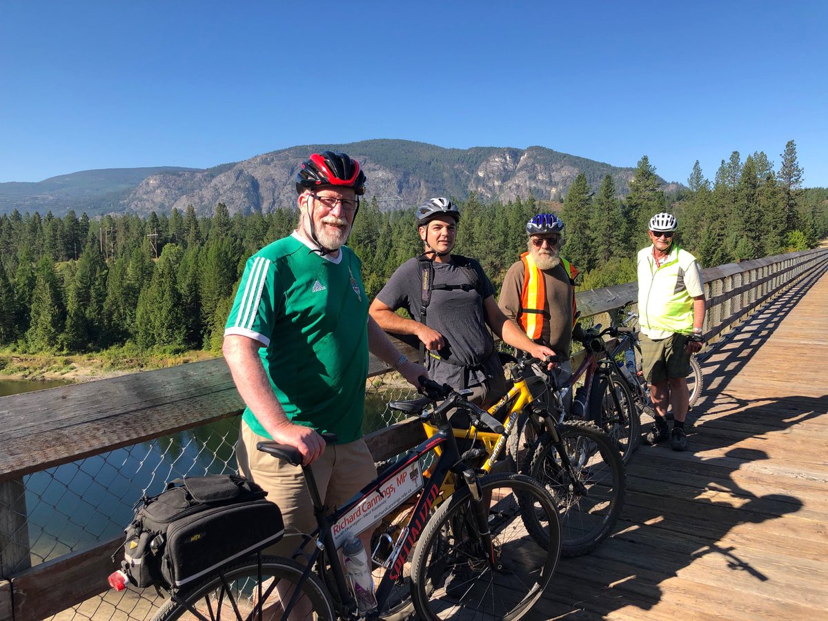CanningsNDP's tweet photo. Day 5 of #ridetheriding — km 246 crossing the Kettle River trestle at Cascade south of Christina Lake. https://t.co/ueuM4dwP8L