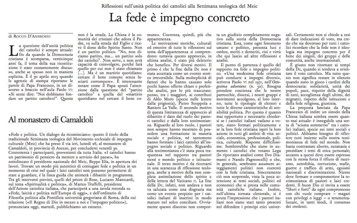 "La fede è impegno concreto": sull'<a href="/oss_romano/">L'Osservatore Romano</a> un estratto della relazione con cui @dambrosio_r (<a href="/UniGregoriana/">Pontificia Università Gregoriana</a>) ha aperto stamattina la #SettimanaTeologicaMeic su #fedeepolitica