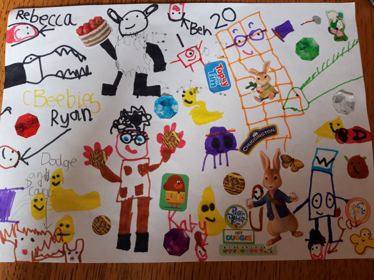 mummylikes2read's tweet photo. @CBeebiesHQ My 6 year old, Elijah, has drawn this picture of his favourite cbeebies characters and presenters. He wanted to send it to cbeebies but we couldn't find an address so I said I would tweet it instead. Can you guess which is Andy?
#cbeebies #artist #summerholidays https://t.co/8uU92BAMU0
