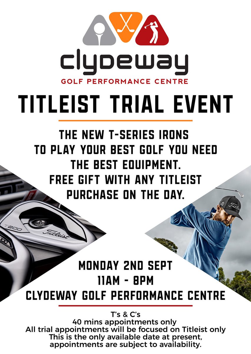 GolfClydeway's tweet photo. π TITLEIST TRIAL EVENT π
Fancy testing the new @titleist TSeries Irons and metals? Clydeway are hosting a free Titleist fitting event next Monday 2nd Sept.
Appointments available from 11-8pm, to book call 0141 641 8899.
#titleisttrialevent #TSeries #TSMetals #TourWinning https://t.co/woiy3GoHNR