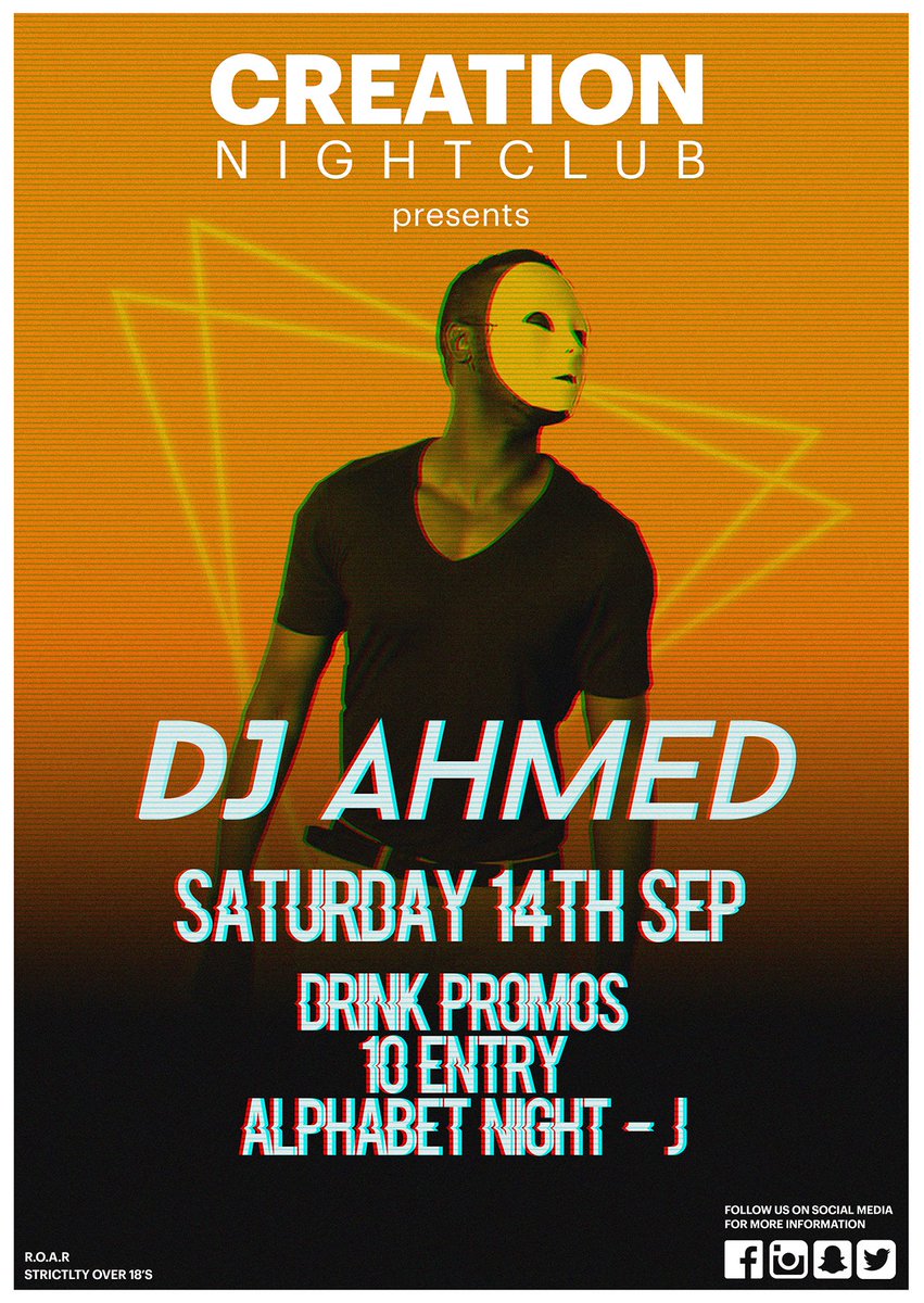 clubcreation's tweet photo. 🤩🤩UPCOMING ACTS🤩🤩

Saturday 14th September we have @djahmed_ireland with us!! With Alphabet Nights every Saturday!! Free in if your name begins with the letter of the week!!

#SeptemberSession #Saturdaze #AlphabetNights https://t.co/JWCmLQfU19
