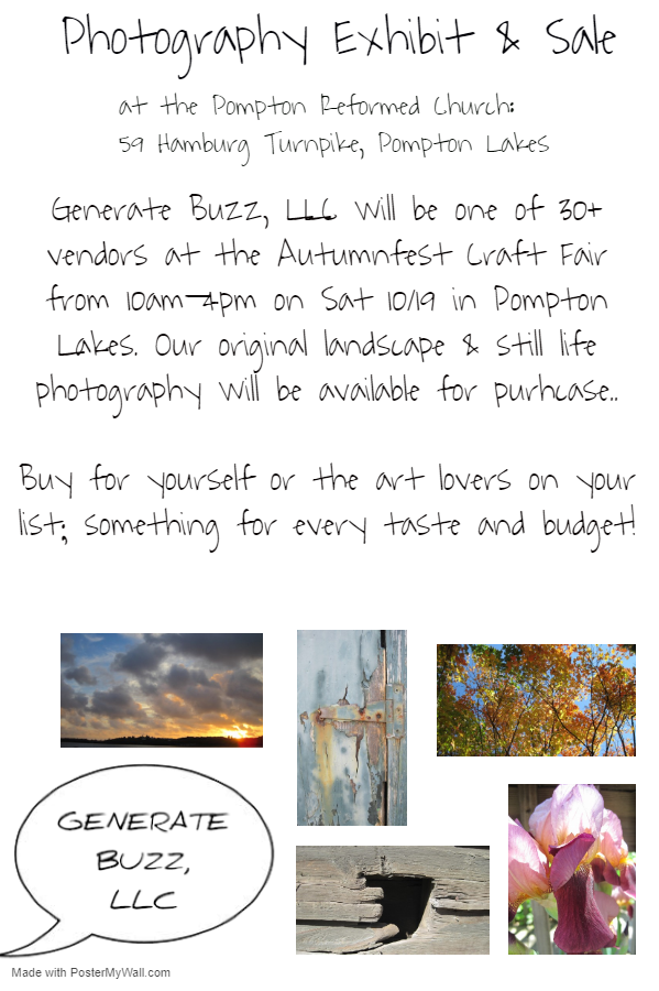 GenerateBuzz's tweet photo. Sat 10/19: Autumnfest #CraftFair in Pompton Lakes with 30+ artisans &amp; crafters, incl @GenerateBuzz. Stop by to make a #photography purchase that includes: #landscapes, #stilllife, &amp; architectural elements. Holidays are almost here, so don't forget the art lovers on your list! https://t.co/HNCVGqPPXz