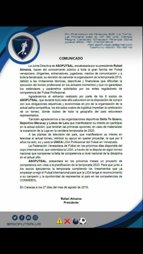 david5985's tweet photo. Para aquellos que durante la jornada estuvieron consultando acerca de la liga de #Futsal, les dejo este comunicado de #asofutsal
Lamentable noticia. Pinta un panorama sumamente turbio para este y varios deportes en #Venezuela https://t.co/h0uGqxlvKI
