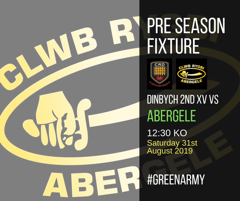 ClwbRygbiAberge's tweet photo. PRE SEASON FIXTURE:

@CRDinbych 2nds vs Gele 

🗓 Saturday 31st August 
⏰ 12:30pm kick off 
📍 Caeau Les Phillips 

The last of our pre season fixtures as the league campaign creeps up on us! https://t.co/kka3rG9gXq