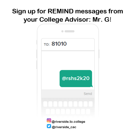 riverside_cac's tweet photo. Sign up for REMIND messages so you never miss a workshop, college visit, or any other important info! #LifeAfterRiverside #Riverside2020 #ClassOf2020 #GoPirates #SeniorSZN https://t.co/GcMZFvHxh4