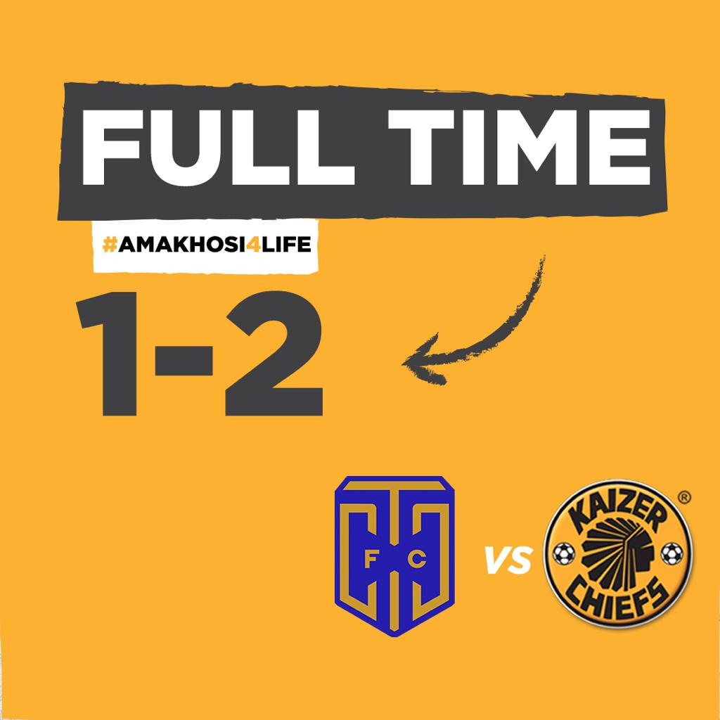 90 + 4’| #CITY 1 : 2 #CHIEFS 

Full time score: (Erasmus 4’) Cape Town City FC 1 : 2 Kaizer Chiefs (Cardoso 76', Baccus 80')

#Amakhosi4Life #AbsaPrem