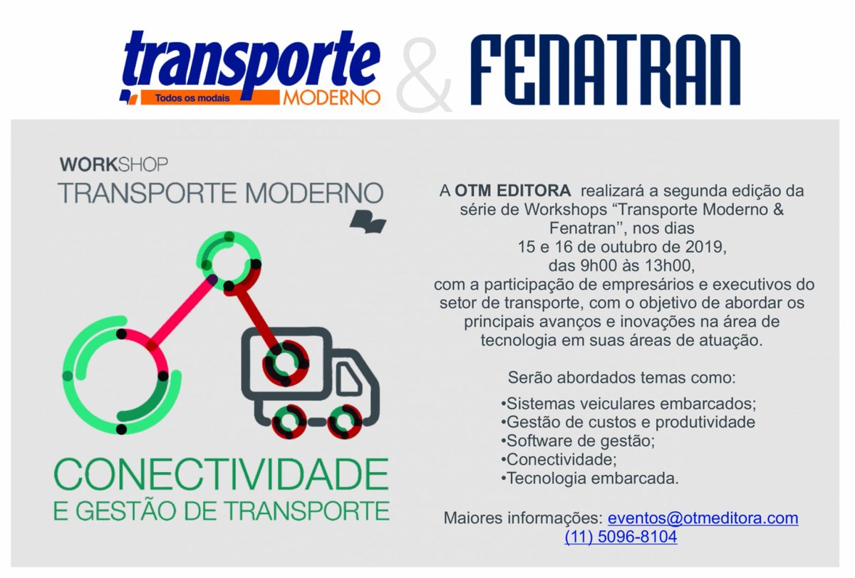 OTMeditora's tweet photo. Série de Workshops – Transporte Moderno – Conectividade e Gestão de Transportes
.
.
.
#otm #otmeditora #transporte #transportemoderno #technibus #fenatran #workshop #sistemasveiculares #tecnologia #conectividade #produtividade https://t.co/19qfZoxODn