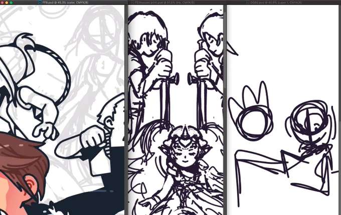 A triptych of unfinished prints that I need to get done before a con next week ? 