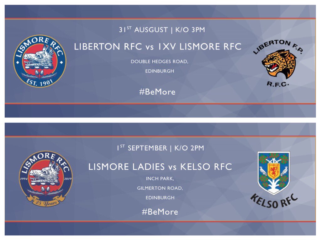 And this weekend we kick off with: 

<a href="/libertonrugby/">Liberton Rugby Club</a> vs Men’s 1XV 
<a href="/LismoreLadies/">Lismore Ladies RFC</a> vs <a href="/KLRFC15/">Kelso Ladies Rugby</a> 

Get along this weekend to cheer our players on! 👏👏👏
