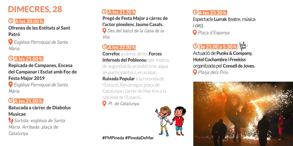 📅 Agenda de Festa Major de Pineda 2019

👉 Demà dimecres no et pots perdre ..

🤓 Tota la programació a  pinedademar.cat

En cas de modificacions en el programa per incidències o meteorologia, s'informarà a través dels canals de l'ajuntament 

#FMPineda #PinedaDeMar