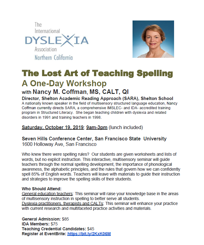 CaProfLearning's tweet image. Check out this fantastic workshop at CSUEB on 10/19: “The Lost Art of Teaching Spelling" with Nancy M. Coffman, a nationally known speaker in multisensory structured language education. Discounts for teacher credential candidates. Register: bit.ly/2KxK06M #keeplearningCA