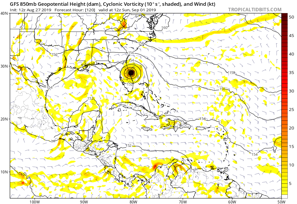 hurrtrackerapp's tweet photo. Strongest run of the GFS yet for #Dorian. GFS forecasts a hurricane into the east central FL coast SUN am. #onemodelrun https://t.co/FifGJwFeXh