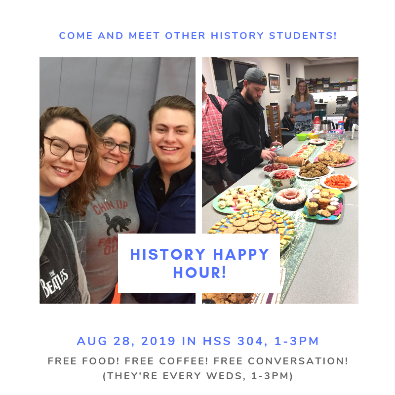 IUPHistory's tweet photo. Tomorrow is the first History Happy Hour of the Fall 2019 semester! 1-3pm. Stop by, meet some new students, and get some snacks! https://t.co/nPNZSdNrw8