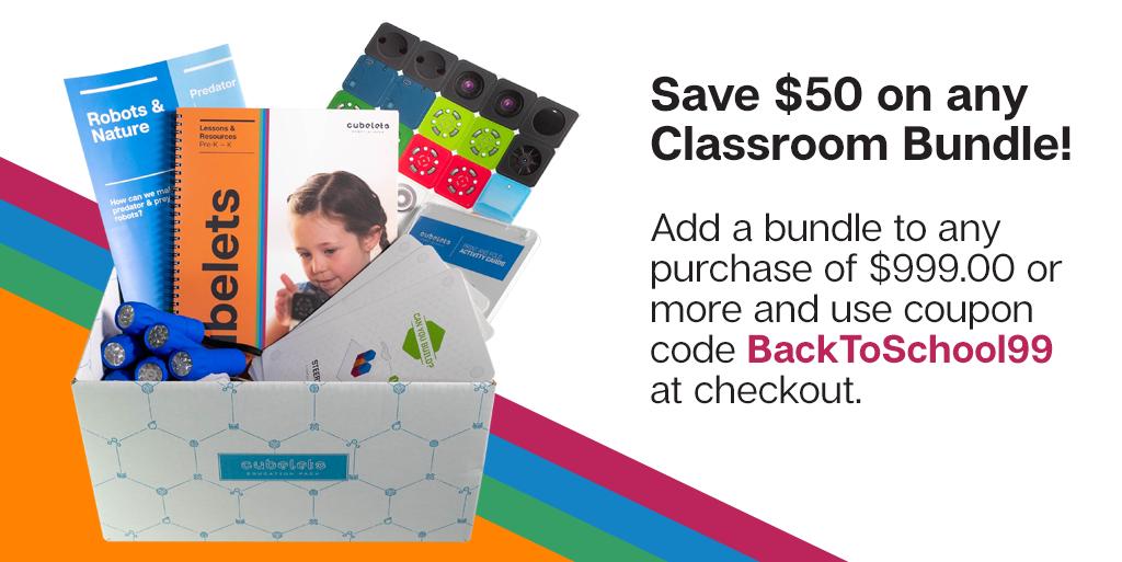 modrobotics's tweet photo. The Cubelets Classroom Bundles help both Cubelets experts and Cubelets newcomers feel ready to use the little robots in the classroom. Right now, you can save $50 on any bundle with a purchase of $999.00 or more using code BACKTOSCHOOL99.

Shop now: https://t.co/PopC34tA0n https://t.co/QVOam6aBTR
