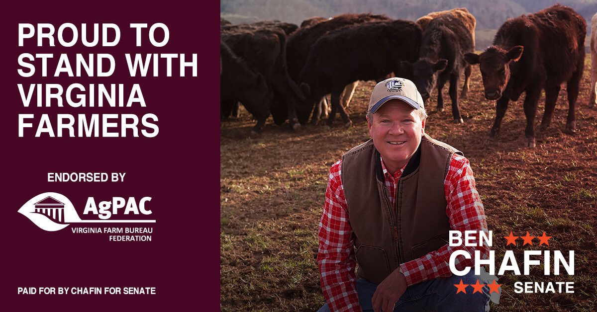 Chafin4Senate's tweet photo. I am a farmer endorsed and trusted by local Southwest Virginia farmers.  I am honored to receive the @VaFarmBureau AgPAC endorsement for my reelection.  As a senior member of the Senate Agriculture Committee, I will always fight to protect and promote agriculture. https://t.co/X0gUtPU2ke