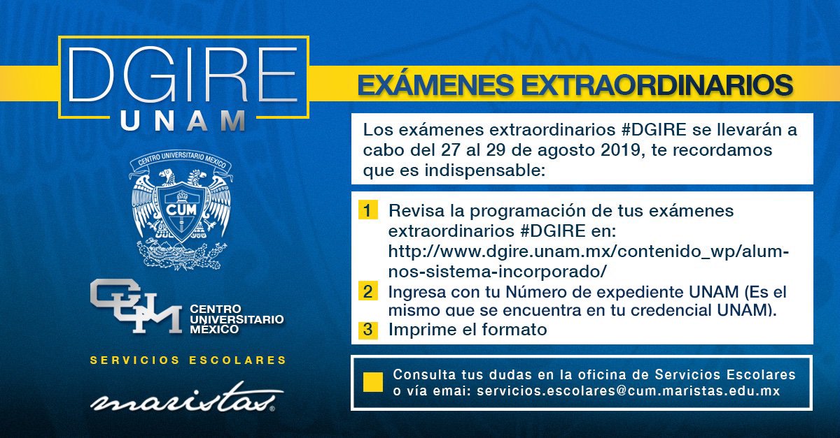 maristas_cum's tweet photo. Los exámenes extraordinarios #DGIRE ya iniciaron hoy y finalizan el 29 de agosto:
1. Revisa la programación de tus exámenes #DGIRE en https://t.co/13UW7kW3ol… 
2. Ingresa con tu Número de Expediente (Es el mismo de tu credencial UNAM).
3. Imprime el formato

#ServiciosEscolares https://t.co/puBkrDDp53