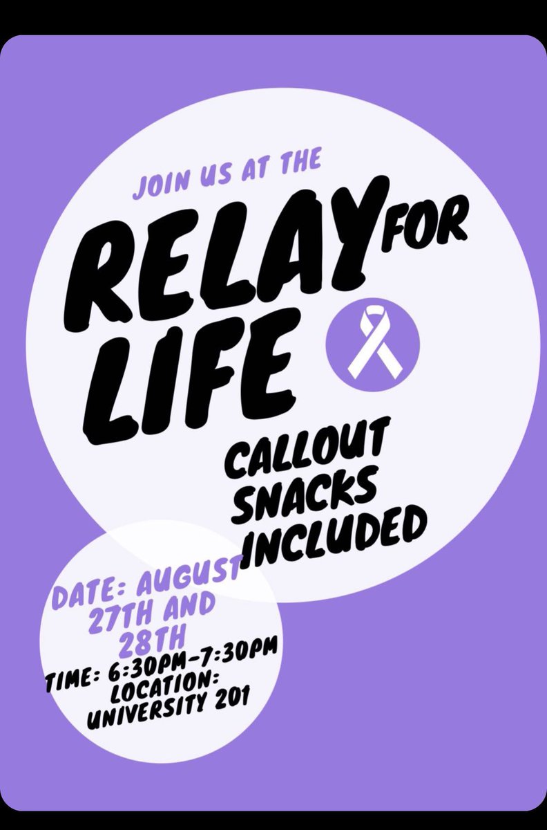 PurdueRelay's tweet image. What: Callouts 💜🎗
When: Tonight &amp;amp; Tomorrow @ 6:30pm
Where: Univ 201
Why: To learn about how you can join our organization and its fight against cancer!
Why part 2: Free pizza and cookies!!