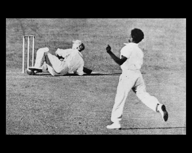 Was the Don infallible then? Not really. Eddie Gilbert, a fearsome aboriginal bowler, was regarded by Don as the fastest he ever faced. Here's Don on all fours after a particularly fast bouncer.